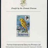 Lesotho 1981 Yellow Canary 7s imperf proof mounted on Format International proof card (as SG 442)