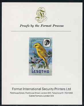 Lesotho 1981 Yellow Canary 7s imperf proof mounted on Format International proof card (as SG 442)