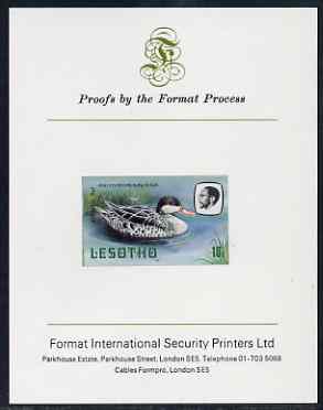 Lesotho 1981 Red Billed Teal 10s imperf proof mounted on Format International proof card (as SG 443)