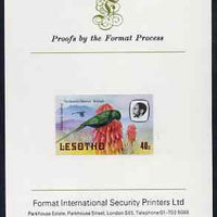 Lesotho 1981 Malachite Sunbird 40s imperf proof mounted on Format International proof card (as SG 445)