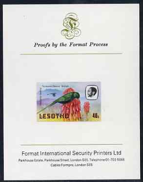 Lesotho 1981 Malachite Sunbird 40s imperf proof mounted on Format International proof card (as SG 445)