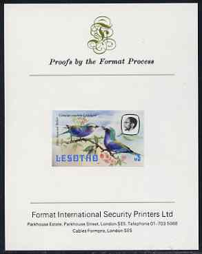 Lesotho 1981 Lilac Breasted Roller M5 imperf proof mounted on Format International proof card (as SG 450)