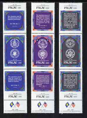 Palau 1987 Bicent of USA Constitution set of 9 in 3 x vertical se-tenant strip of 3, unmounted mint SG 199-207