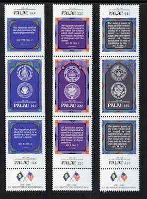 Palau 1987 Bicent of USA Constitution set of 9 in 3 x vertical se-tenant strip of 3, unmounted mint SG 199-207