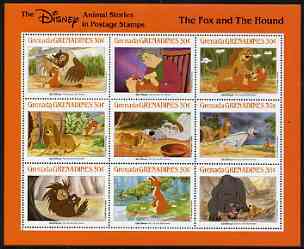 Grenada - Grenadines 1988 Disney Animal Cartoon Films - The Fox & The Hound perf sheetlet containing 9 values unmounted mint, as SG 1012-20