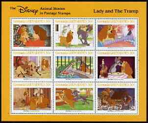 Grenada - Grenadines 1988 Disney Animal Cartoon Films - The Lady & The Tramp perf sheetlet containing 9 values unmounted mint, as SG 994-1002