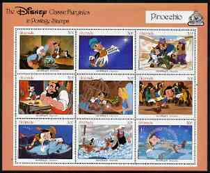 Grenada 1987 50th Anniversary of First Disney Full-length Cartoon Films - Pinocchio perf sheetlet containing 9 values unmounted mint, as SG 1680-88