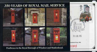 Postcard - Great Britain 1985 350 Years of Royal Mail Service - Postboxes in Windsor postcard (SEPR 44) used with first day of sale cancel