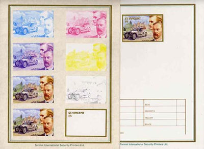 St Vincent 1987 Centenary of Motoring $4 Charles Rolls & Sir Henry Royce with 1907 Silver Ghost set of 9 imperf progressive proofs comprising the 5 individual colours plus 2, 3, 4 and all 5 colour composites mounted on special For……Details Below