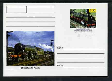 Kabardino-Balkaria Republic 1999 Steam Locomotives of the World #05 postal stationery card unused and pristine showing A 242 Class 4-8-4 of RENFE and LNER Class A3 Pacific