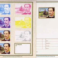 St Vincent 1987 Centenary of Motoring $1 Karl Benz with 1886 three-wheeler set of 9 imperf progressive proofs comprising the 5 individual colours plus 2, 3, 4 and all 5 colour composites mounted on special Format International car……Details Below