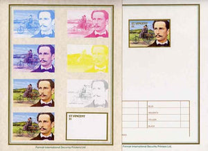 St Vincent 1987 Centenary of Motoring $1 Karl Benz with 1886 three-wheeler set of 9 imperf progressive proofs comprising the 5 individual colours plus 2, 3, 4 and all 5 colour composites mounted on special Format International car……Details Below