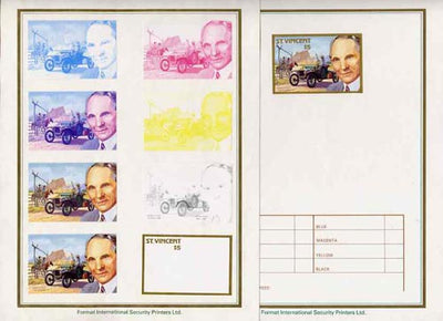 St Vincent 1987 Centenary of Motoring $5 Henry Ford with model 'T' set of 9 imperf progressive proofs comprising the 5 individual colours plus 2, 3, 4 and all 5 colour composites mounted on special Format International cards (9 proofs as SG 1088)