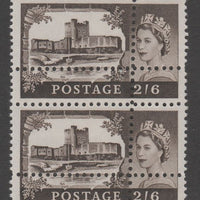 Great Britain 1967 Castles (no wmk) 2s6d vertical pair with perforations doubled (stamps are quartered) an attractive and interesting modern forgery, unmounted mint.,Note: the stamps are genuine but the additional perfs are a slig……Details Below