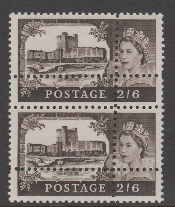 Great Britain 1967 Castles (no wmk) 2s6d vertical pair with perforations doubled (stamps are quartered) an attractive and interesting modern forgery, unmounted mint.,Note: the stamps are genuine but the additional perfs are a slig……Details Below