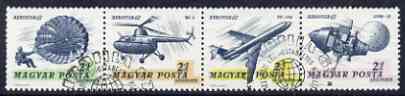 Hungary 1967 'Aerofila '67' Airmail Stamp Exhibition #2 se-tenant perf strip of 4 (Parachute, Helicopter, Airliner & Lunar 12 ) used with special cancel, Mi 2351-54