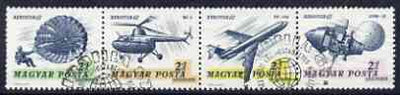 Hungary 1967 'Aerofila '67' Airmail Stamp Exhibition #2 se-tenant perf strip of 4 (Parachute, Helicopter, Airliner & Lunar 12 ) used with special cancel, Mi 2351-54