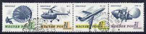Hungary 1967 'Aerofila '67' Airmail Stamp Exhibition #2 se-tenant perf strip of 4 (Parachute, Helicopter, Airliner & Lunar 12 ) used with special cancel, Mi 2351-54