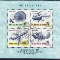 Hungary 1967 'Aerofila '67' Airmail Stamp Exhibition #2 perf m/sheet (Parachute, Helicopter, Airliner & Lunar 12 ) used with special cancel, SG MS 2272