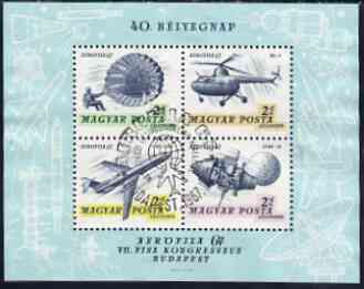 Hungary 1967 'Aerofila '67' Airmail Stamp Exhibition #2 perf m/sheet (Parachute, Helicopter, Airliner & Lunar 12 ) used with special cancel, SG MS 2272