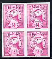 Lundy 1982 Puffin def 14p cerise in issued colour imperforate unmounted mint block of 4