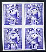 Lundy 1982 Puffin def 15p blue in issued colour imperforate unmounted mint block of 4