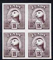 Lundy 1982 Puffin def 18p brown-purple in issued colour imperforate unmounted mint block of 4