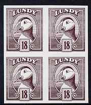 Lundy 1982 Puffin def 18p brown-purple in issued colour imperforate unmounted mint block of 4