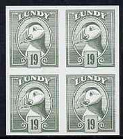 Lundy 1982 Puffin def 19p grey-green in issued colour imperforate unmounted mint block of 4