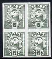 Lundy 1982 Puffin def 19p grey-green in issued colour imperforate unmounted mint block of 4