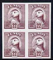 Lundy 1982 Puffin def 22p claret in issued colour imperforate unmounted mint block of 4