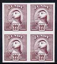 Lundy 1982 Puffin def 22p claret in issued colour imperforate unmounted mint block of 4