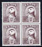 Lundy 1982 Puffin def 17p brown-purple perf colour trial (the colour of the issued 18p) unmounted mint block of 4