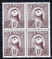 Lundy 1982 Puffin def 17p brown-purple perf colour trial (the colour of the issued 18p) unmounted mint block of 4
