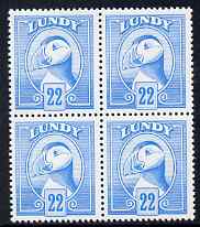 Lundy 1982 Puffin def 22p bright blue perf colour trial unmounted mint block of 4