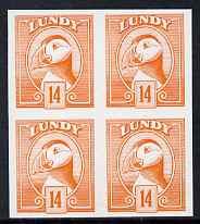 Lundy 1982 Puffin def 14p orange imperf colour trial (the colour of the issued 10p) unmounted mint block of 4