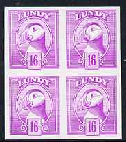 Lundy 1982 Puffin def 16p magenta imperf colour trial unmounted mint block of 4