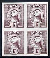 Lundy 1982 Puffin def 17p brown-purple imperf colour trial (the colour of the issued 18p) unmounted mint block of 4