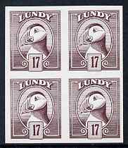 Lundy 1982 Puffin def 17p brown-purple imperf colour trial (the colour of the issued 18p) unmounted mint block of 4
