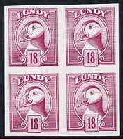 Lundy 1982 Puffin def 18p mauve imperf colour trial unmounted mint block of 4