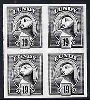 Lundy 1982 Puffin def 19p black imperf colour trial (the colour of the issued 20p) unmounted mint block of 4
