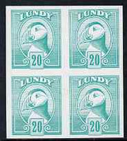 Lundy 1982 Puffin def 20p turquoise-green imperf colour trial unmounted mint block of 4
