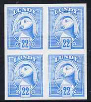 Lundy 1982 Puffin def 22p bright blue imperf colour trial unmounted mint block of 4