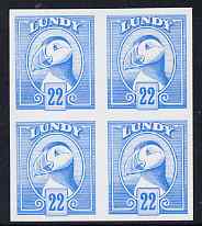 Lundy 1982 Puffin def 22p bright blue imperf colour trial unmounted mint block of 4