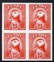 Lundy 1982 Puffin def 23p vermilion imperf colour trial unmounted mint block of 4