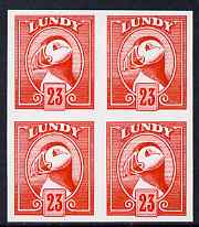 Lundy 1982 Puffin def 23p vermilion imperf colour trial unmounted mint block of 4