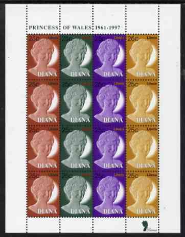 Liberia 1997 Princess Diana Memorial perf sheetlet containing 4 strips of 4 values (25c Portrait stamps in 4 colours) unmounted mint