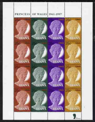 Liberia 1997 Princess Diana Memorial perf sheetlet containing 4 strips of 4 values (25c Portrait stamps in 4 colours) unmounted mint