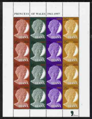 Liberia 1997 Princess Diana Memorial perf sheetlet containing 4 strips of 4 values (25c Portrait stamps in 4 colours) unmounted mint