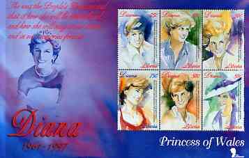 Liberia 1997 Princess Diana Memorial perf sheetlet containg 6 watercolour portraits unmounted mint